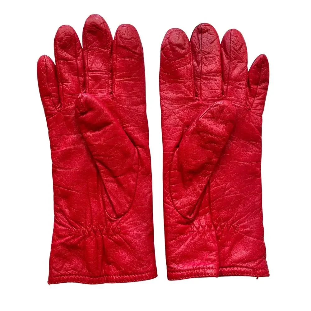 Vintage Red Leather Grandoe Warm Knit Lined Womens Wrist Gloves Size M